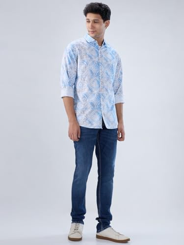 Men Spykar Blue Print Regular Fit Shirt