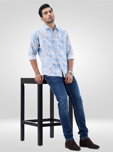 Men Spykar Blue Print Regular Fit Shirt