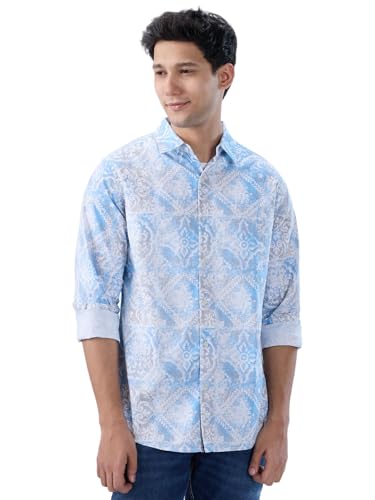 Men Spykar Blue Print Regular Fit Shirt