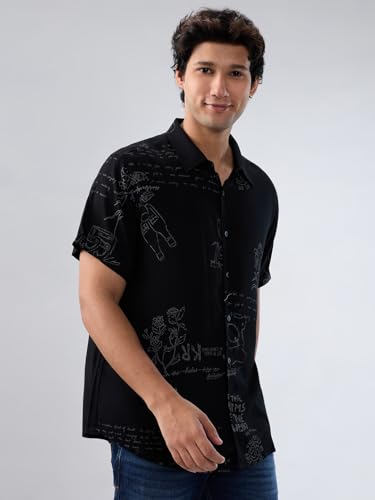 Men Spykar Black Print Regular Fit Shirt