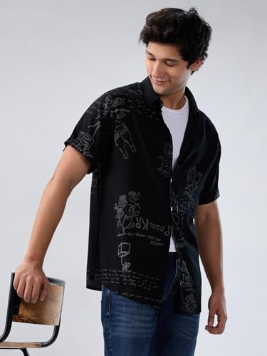 Men Spykar Black Print Regular Fit Shirt