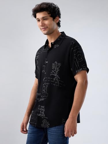 Men Spykar Black Print Regular Fit Shirt
