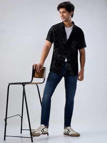 Men Spykar Black Print Regular Fit Shirt