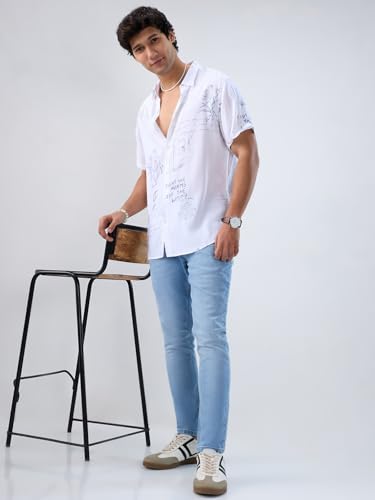 Men Spykar White Print Regular Fit Shirt