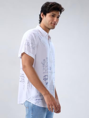 Men Spykar White Print Regular Fit Shirt
