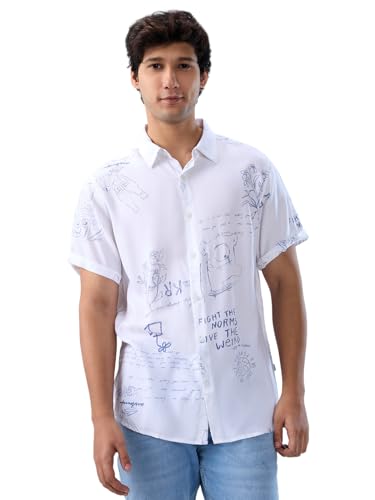 Men Spykar White Print Regular Fit Shirt