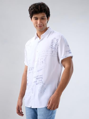 Men Spykar White Print Regular Fit Shirt