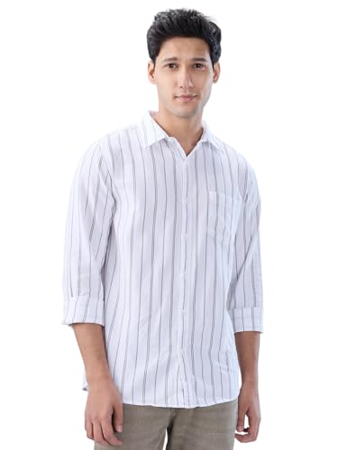Men Spykar White Stripe Regular Fit Shirt