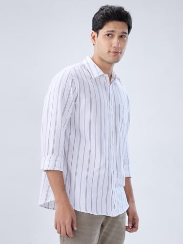 Men Spykar White Stripe Regular Fit Shirt