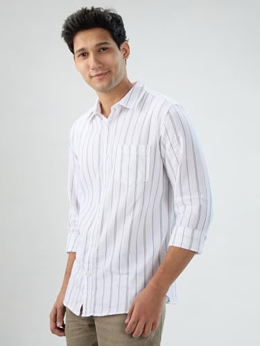 Men Spykar White Stripe Regular Fit Shirt