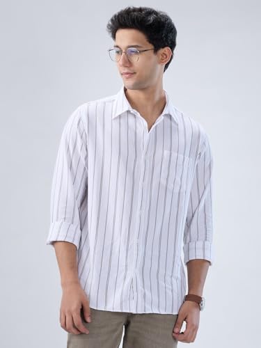 Men Spykar White Stripe Regular Fit Shirt