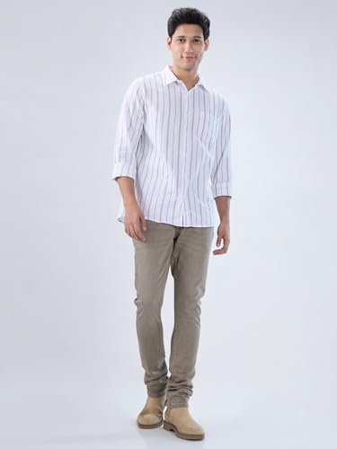 Men Spykar White Stripe Regular Fit Shirt