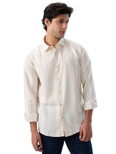 Men Spykar White Stripe Regular Fit Shirt
