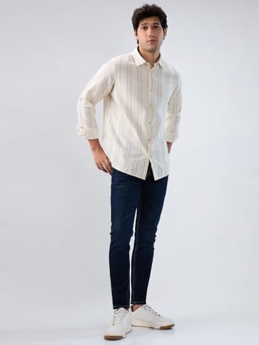 Men Spykar White Stripe Regular Fit Shirt