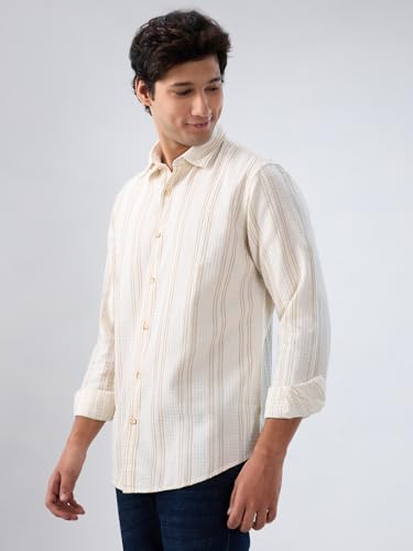 Men Spykar White Stripe Regular Fit Shirt
