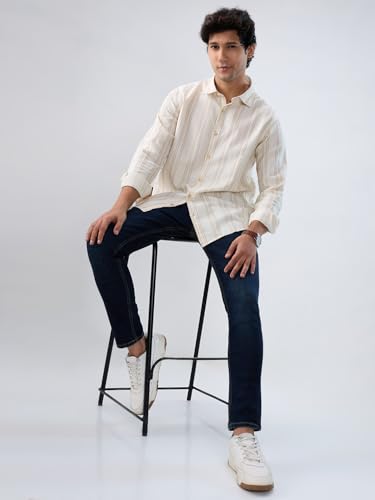 Men Spykar White Stripe Regular Fit Shirt