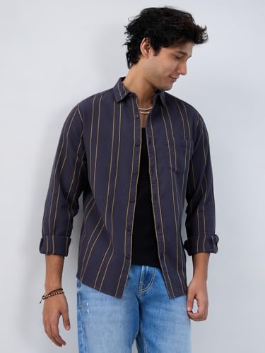 Men Spykar Grey Stripe Regular Fit Shirt