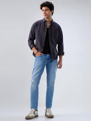 Men Spykar Grey Stripe Regular Fit Shirt