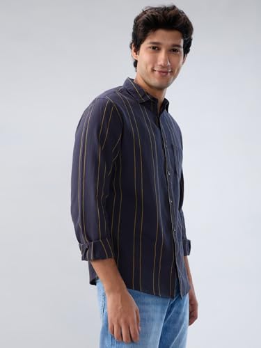 Men Spykar Grey Stripe Regular Fit Shirt