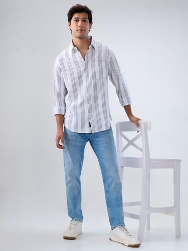Men Spykar Grey Stripe Regular Fit Shirt