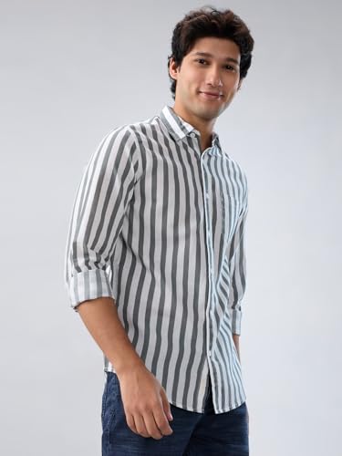 Men Spykar Grey Stripe Regular Fit Shirt