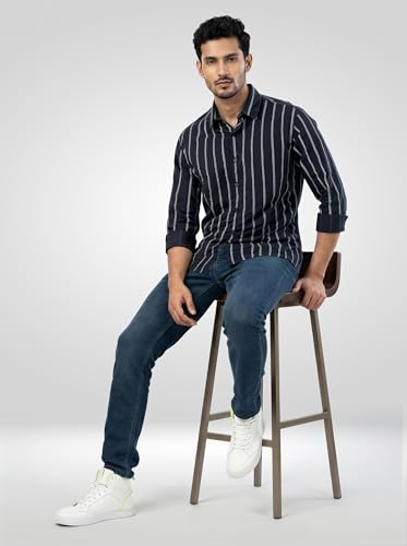 Men Spykar Black Stripe Regular Fit Shirt