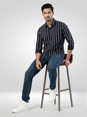 Men Spykar Black Stripe Regular Fit Shirt