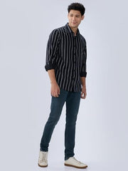 Men Spykar Black Stripe Regular Fit Shirt