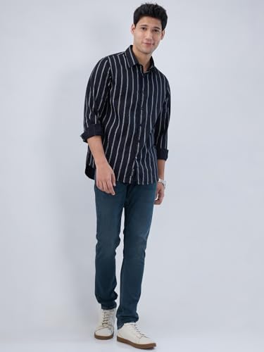 Men Spykar Black Stripe Regular Fit Shirt