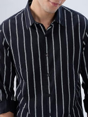 Men Spykar Black Stripe Regular Fit Shirt