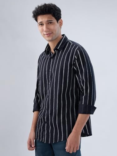Men Spykar Black Stripe Regular Fit Shirt