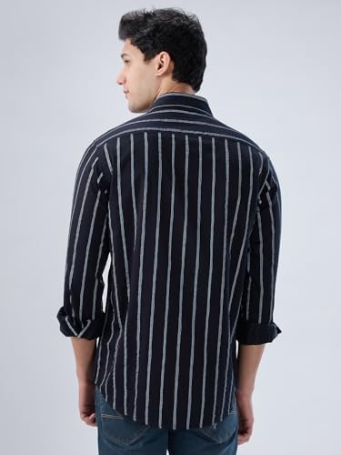Men Spykar Black Stripe Regular Fit Shirt