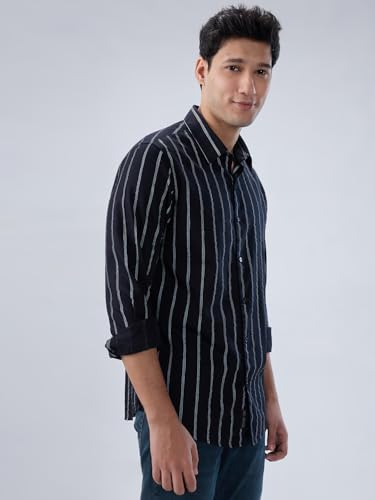 Men Spykar Black Stripe Regular Fit Shirt