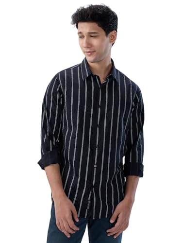 Men Spykar Black Stripe Regular Fit Shirt