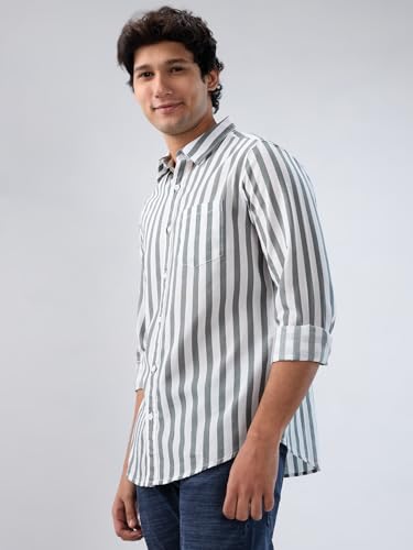 Men Spykar Grey Stripe Regular Fit Shirt