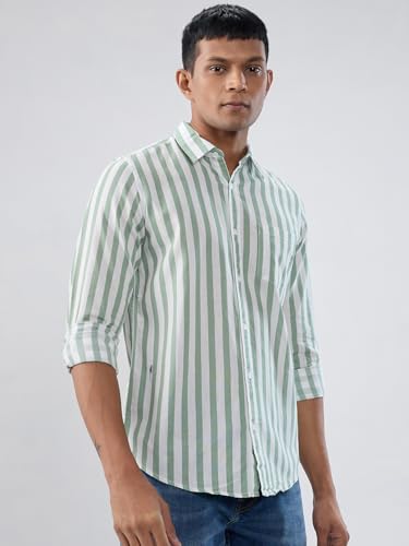 Men Spykar Green Stripe Regular Fit Shirt