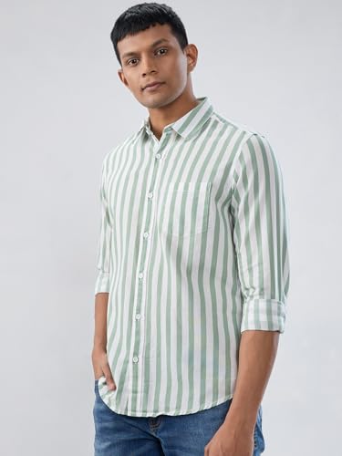 Men Spykar Green Stripe Regular Fit Shirt