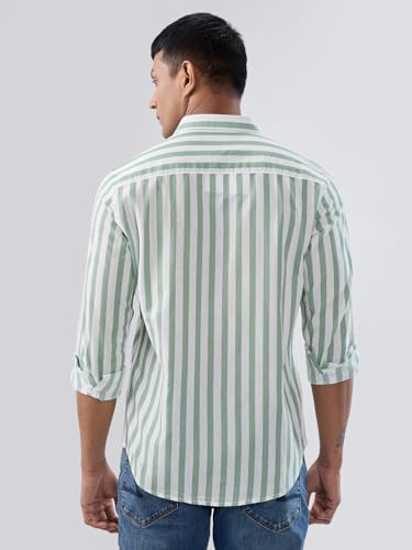 Men Spykar Green Stripe Regular Fit Shirt