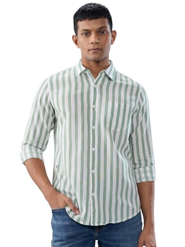 Men Spykar Green Stripe Regular Fit Shirt