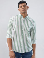 Men Spykar Green Stripe Regular Fit Shirt