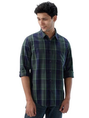 Men Spykar Green Check Regular Fit Shirt