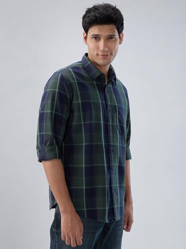 Men Spykar Green Check Regular Fit Shirt