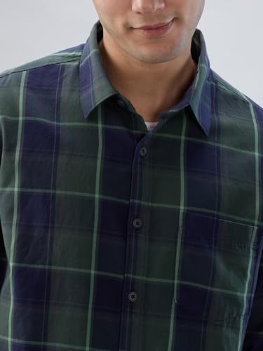 Men Spykar Green Check Regular Fit Shirt