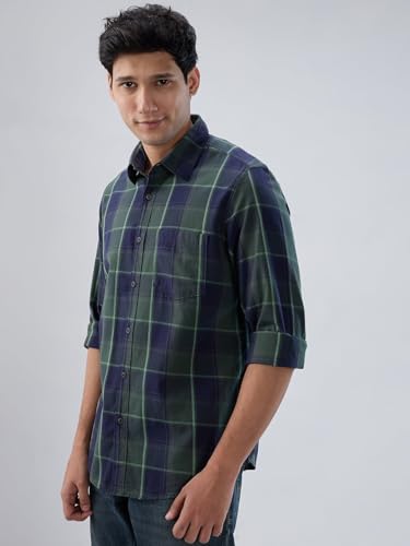 Men Spykar Green Check Regular Fit Shirt