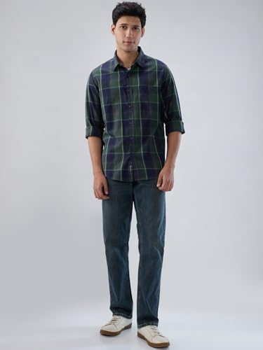 Men Spykar Green Check Regular Fit Shirt