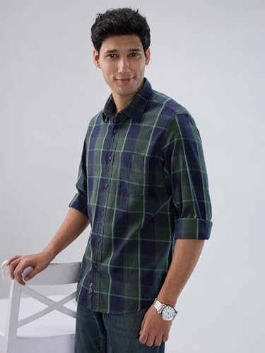 Men Spykar Green Check Regular Fit Shirt