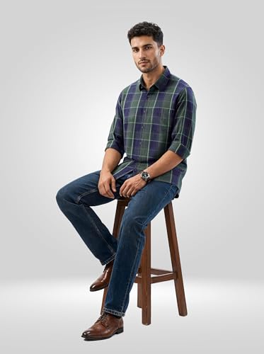 Men Spykar Green Check Regular Fit Shirt