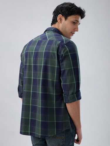 Men Spykar Green Check Regular Fit Shirt
