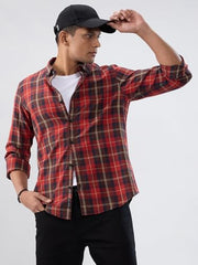 Men Spykar Red Check Regular Fit Shirt