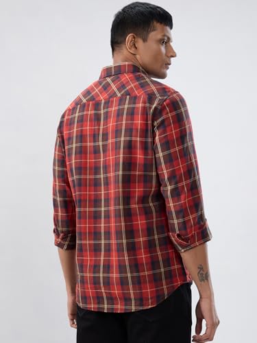 Men Spykar Red Check Regular Fit Shirt